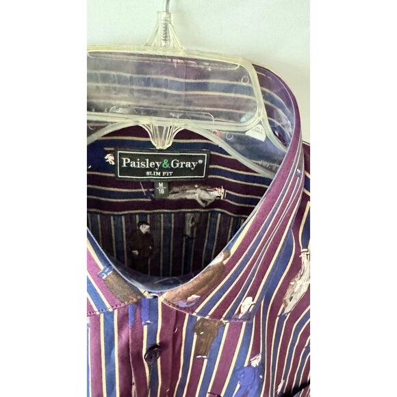 Paisley & Gray Men’s Slim Fit Dress Shirt M Striped Man Print Burgundy Navy NWT - Picture 12 of 14